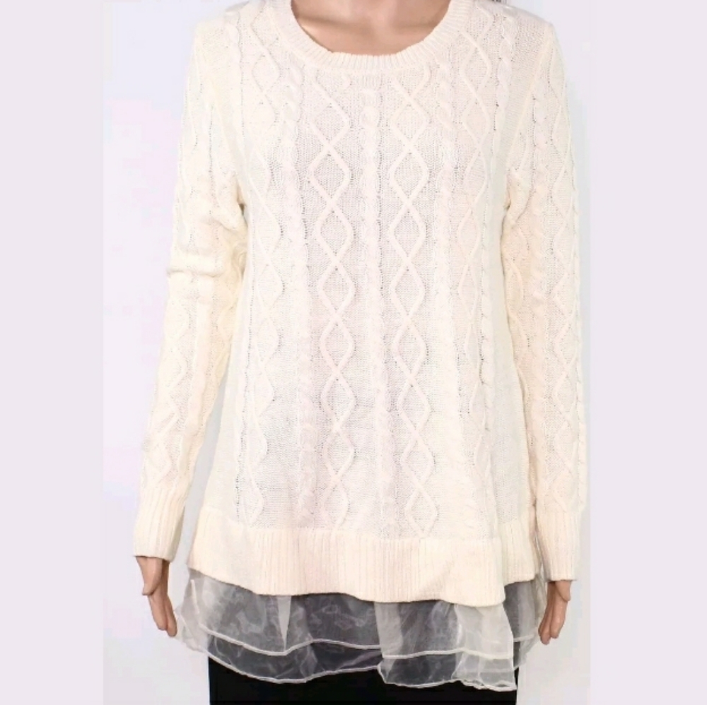NWT CHOIES CABLEKNIT SWEATER WITH CHIFFON RUFFLED TRIM HEM